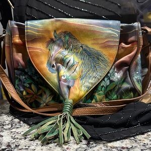 Anuschka Hand-Painted Leather Shoulder Bag with Horse Design